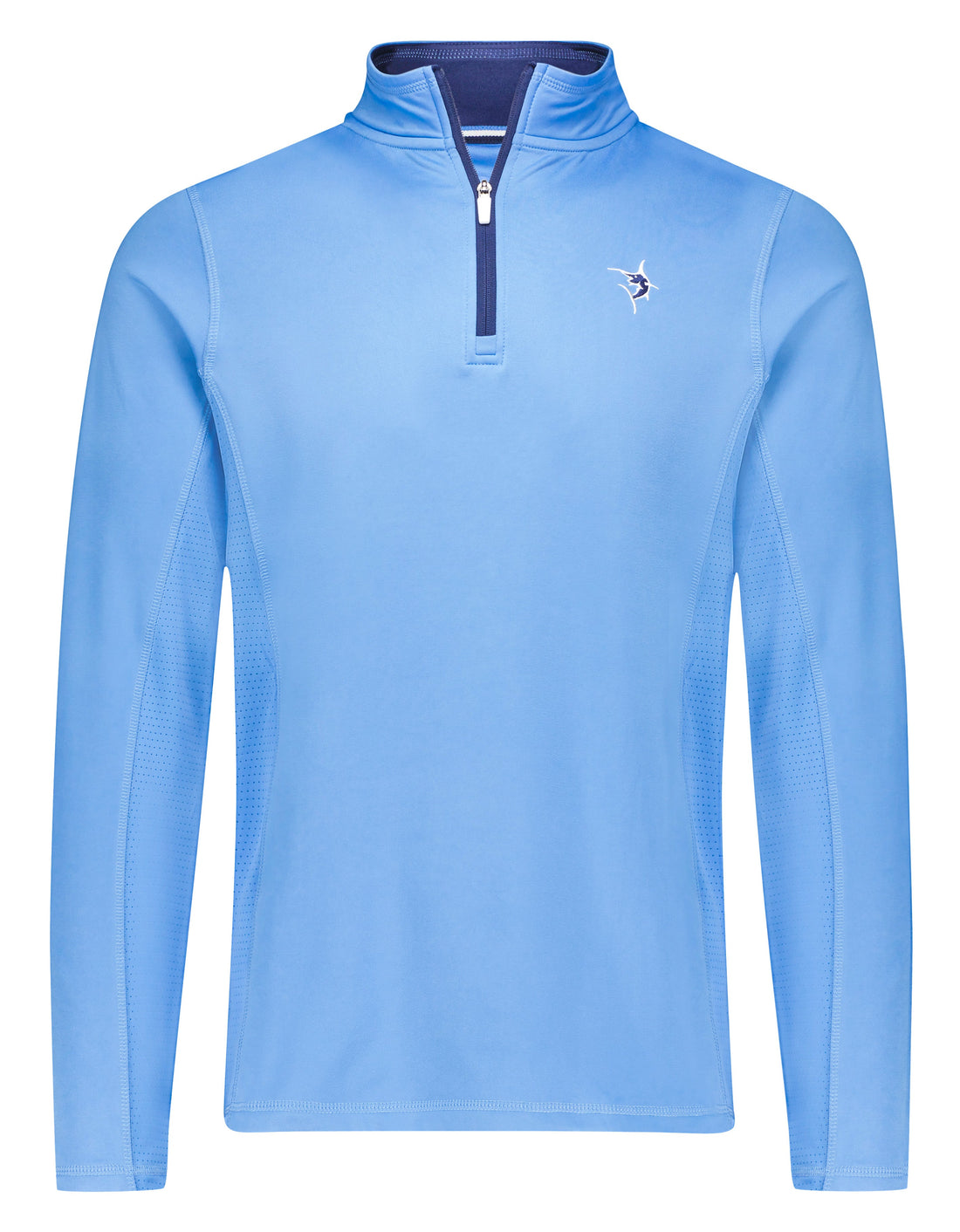 Light blue White Water Life Montauk quarter zip midweight comfort sweater, showing the zip closure and soft fabric texture.