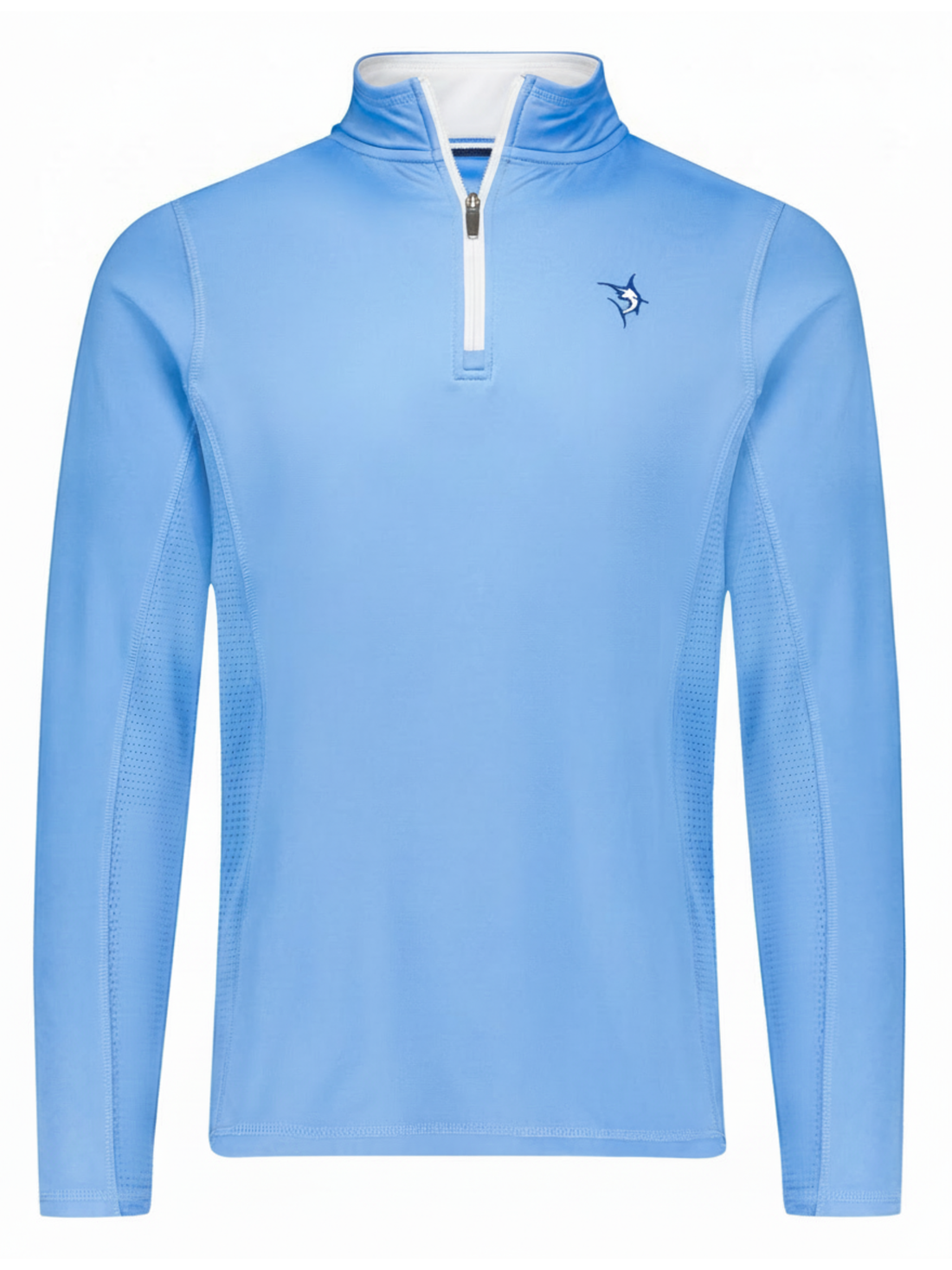 Light blue White Water Life Montauk quarter zip with white collar, midweight comfort, suitable for casual outdoor wear.