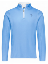 Light blue White Water Life Montauk quarter zip with white collar, midweight comfort, suitable for casual outdoor wear.