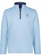White Water Life Montauk quarter zip in pale blue and navy, midweight comfort sweatshirt with a quarter zipper and soft fabric.