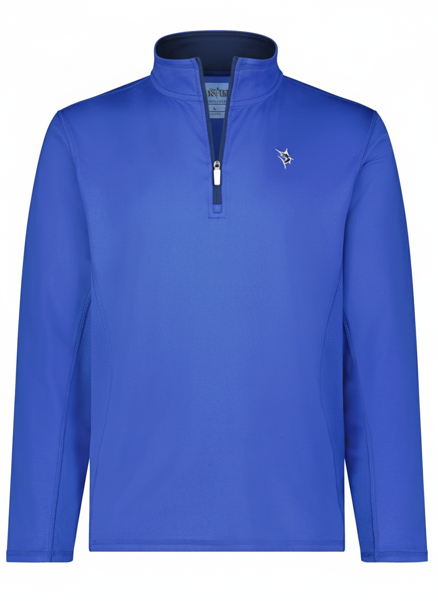Royal blue White Water Life Montauk quarter zip midweight comfort sweater, showing the front view with a zipper and collar.