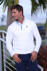 White Water Life Montauk quarter zip midweight comfort shirt, white fabric with a high collar and zipper front.
