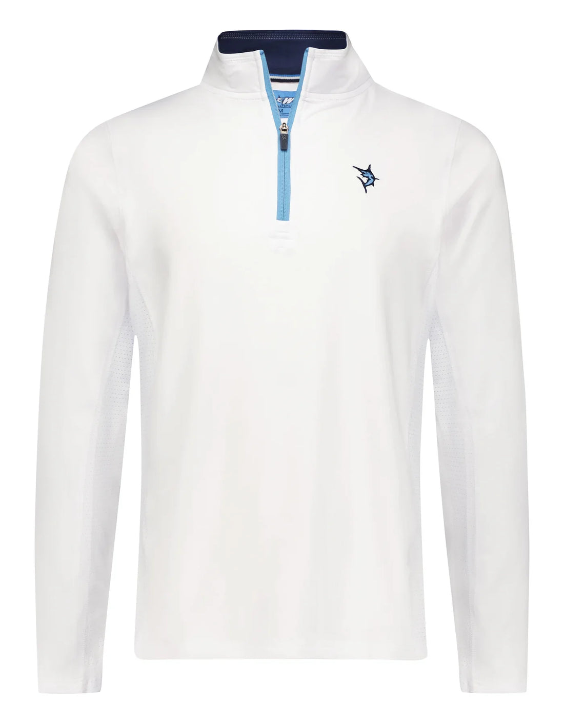 White Water Life Montauk quarter zip in white, midweight comfort, lightweight fleece sweater with stand collar and zip closure.