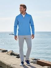 Light blue and navy Montauk quarter zip from White Water Life, showcasing its midweight comfort and stylish design.