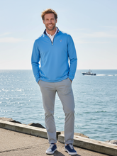Light blue and navy White Water Life Montauk quarter zip sweater with midweight comfort, shown on a mannequin.