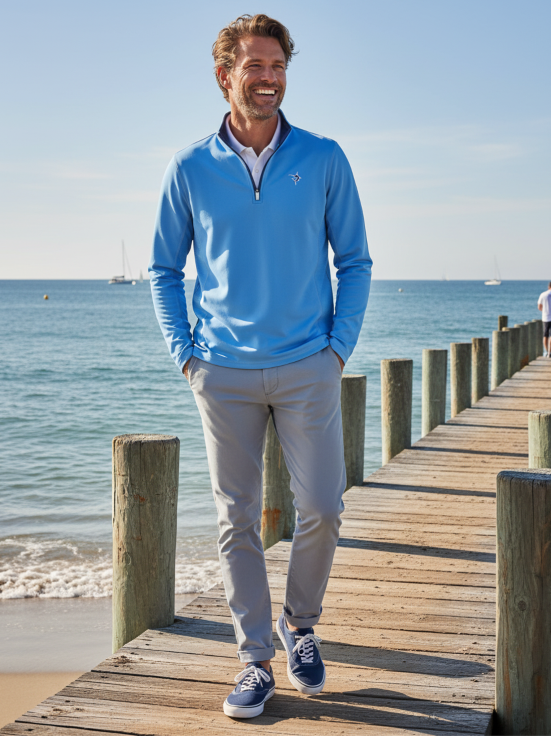 Light blue and navy White Water Life Montauk quarter zip midweight comfort shirt, shown with a relaxed fit and soft fabric.