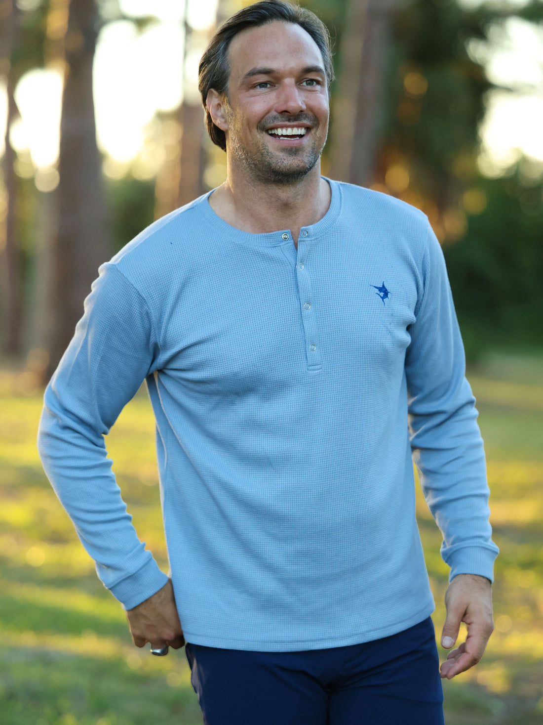 Mystic Henley long sleeve shirt in Mystic Blue by White Water Life, featuring a comfortable fit and casual style.
