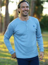 Mystic Henley long sleeve shirt in Mystic Blue by White Water Life, featuring a comfortable fit and casual style.