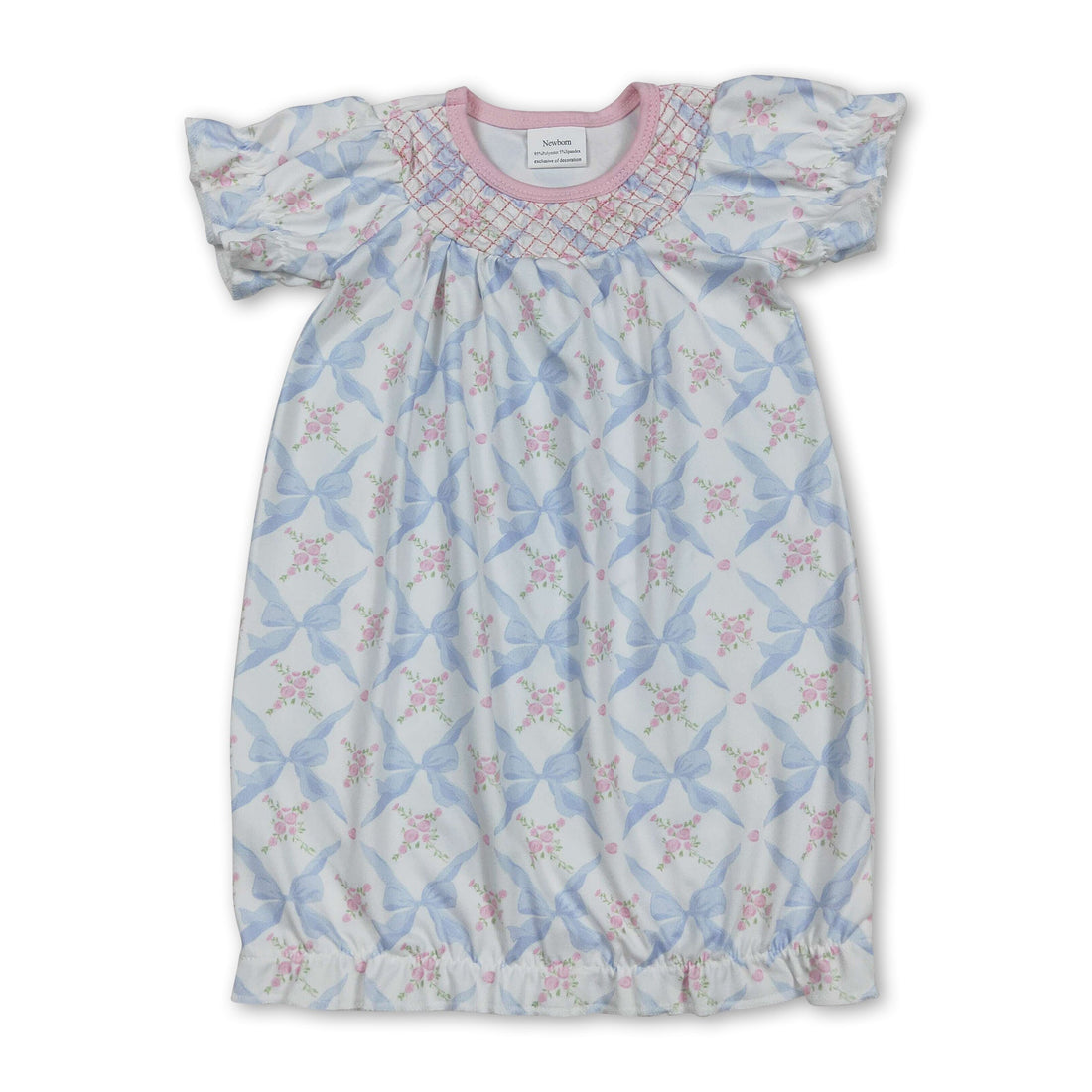 Short sleeves floral bow embroidery baby gown
