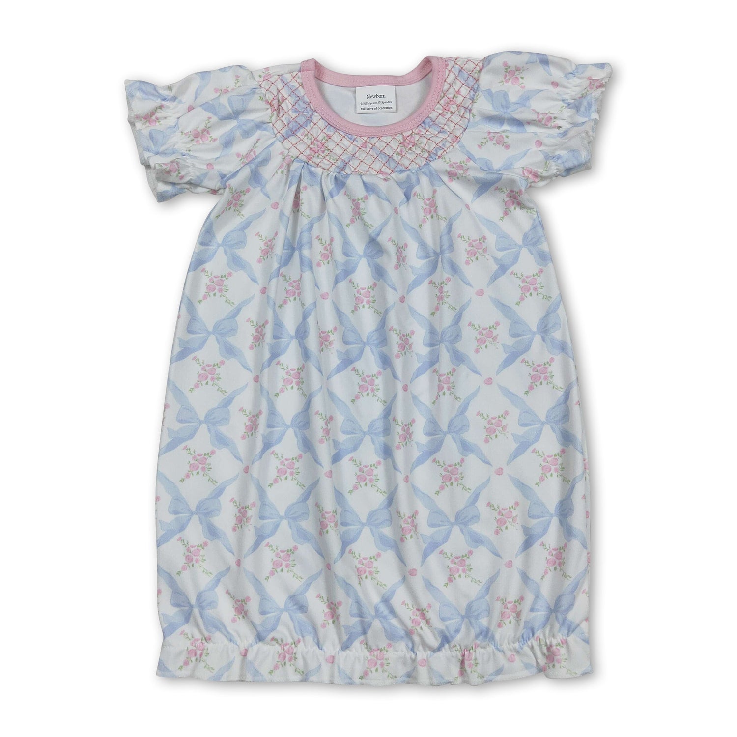Short sleeves floral bow embroidery baby gown
