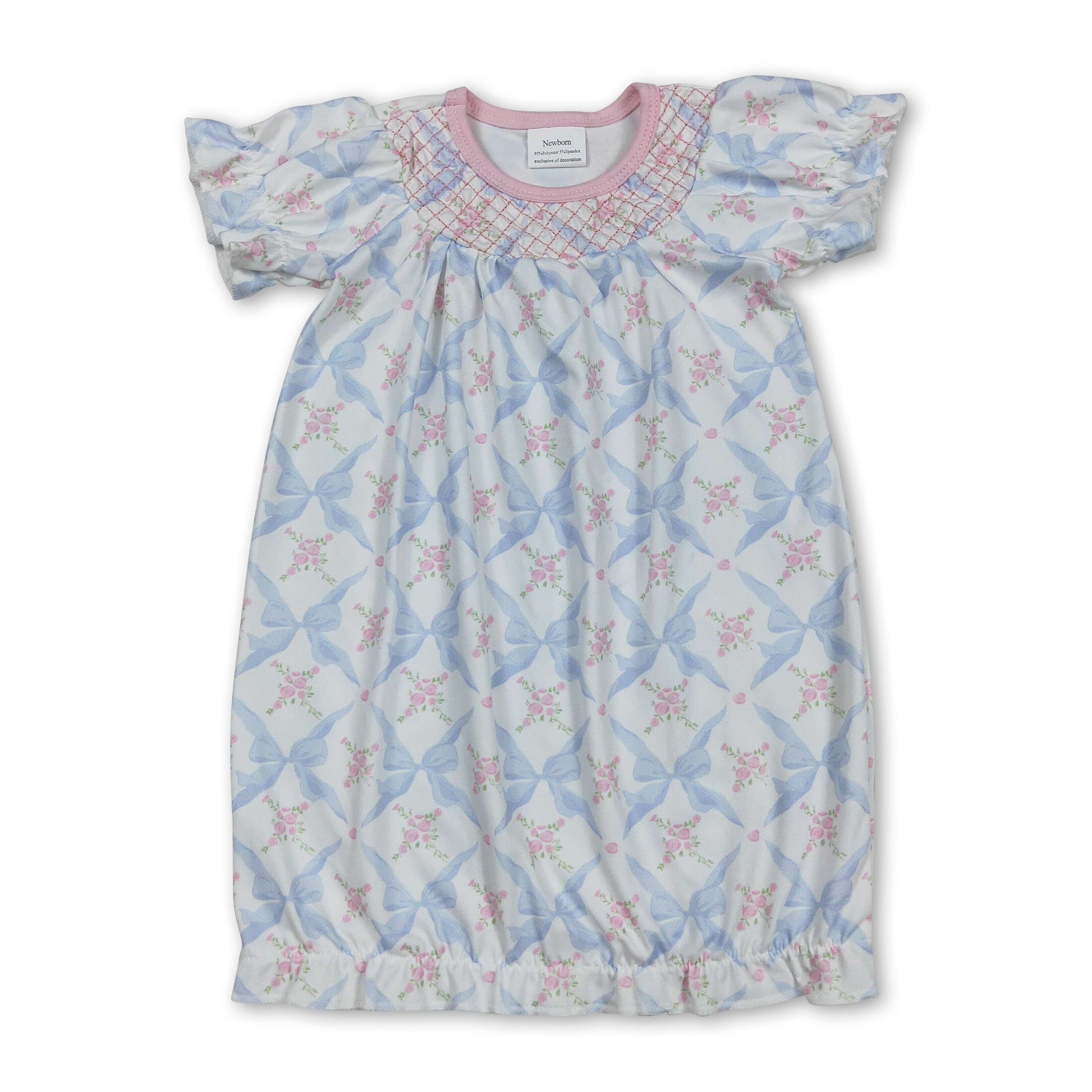 Short sleeves floral bow embroidery baby gown