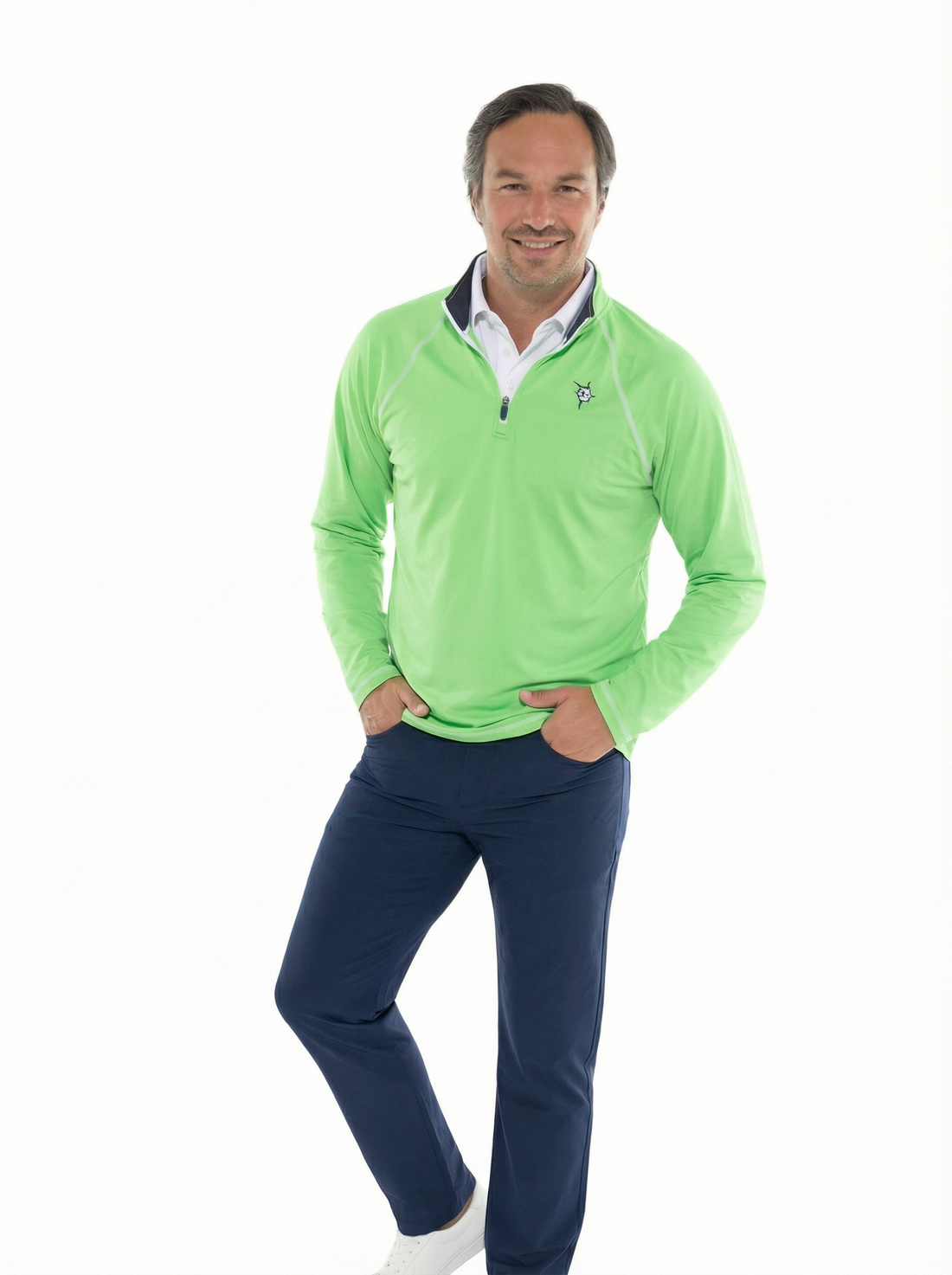 White Water Life New Harbor green quarter zip shirt, casual and comfortable, shown in studio setting.