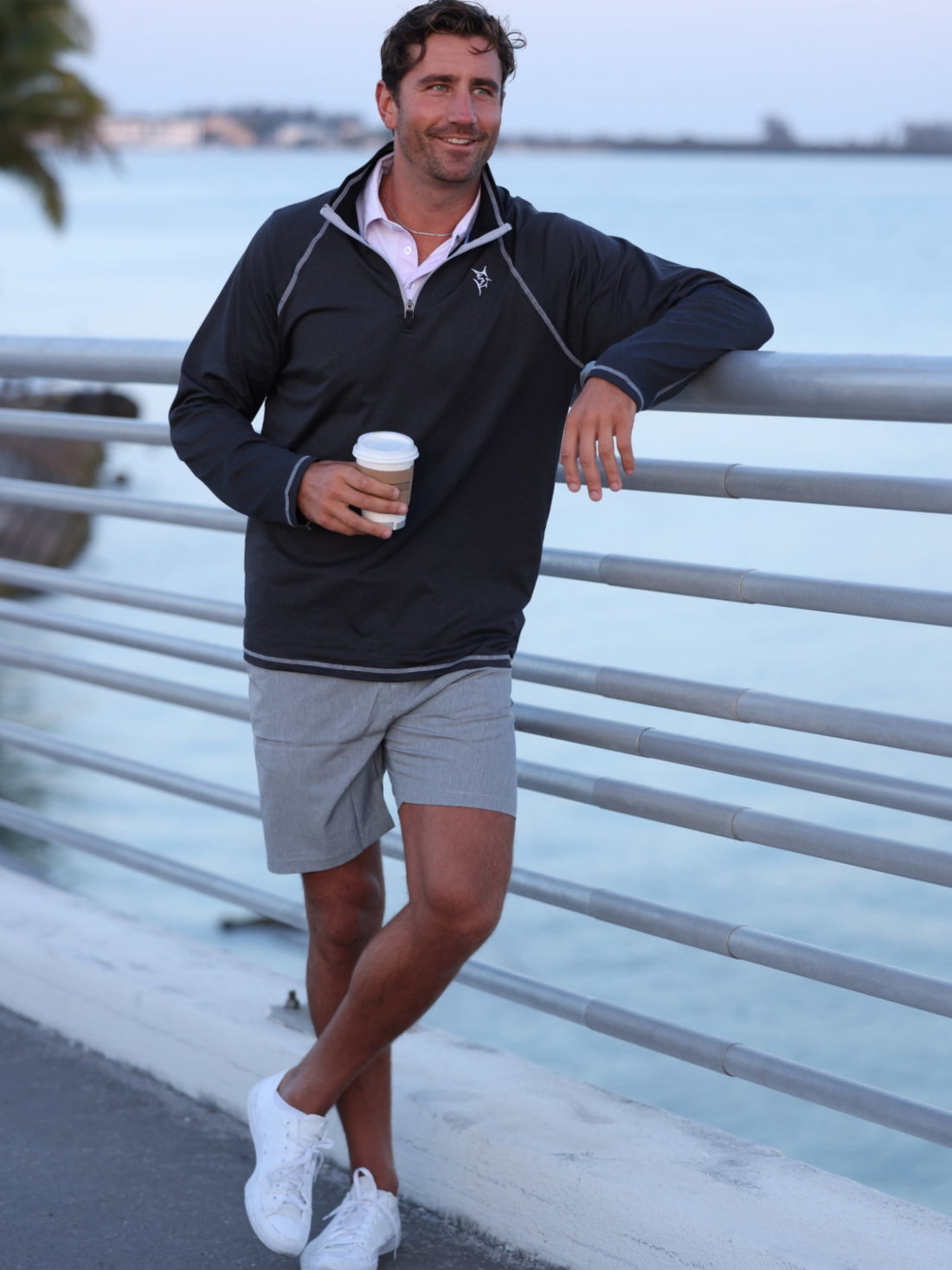 Navy blue White Water Life quarter zip pullover from the New Harbor collection, showcasing its effortless comfort and classic fit.