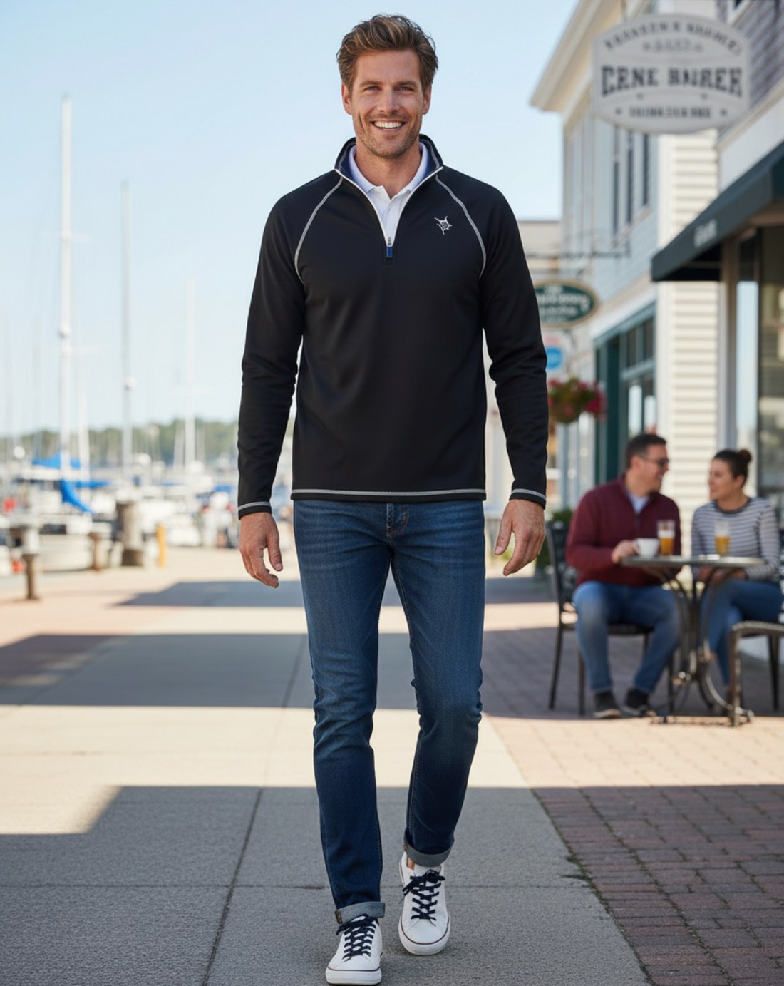 Black White Water Life Harbor Quarter Zip sweatshirt with relaxed fit and comfortable fabric, ideal for casual wear.