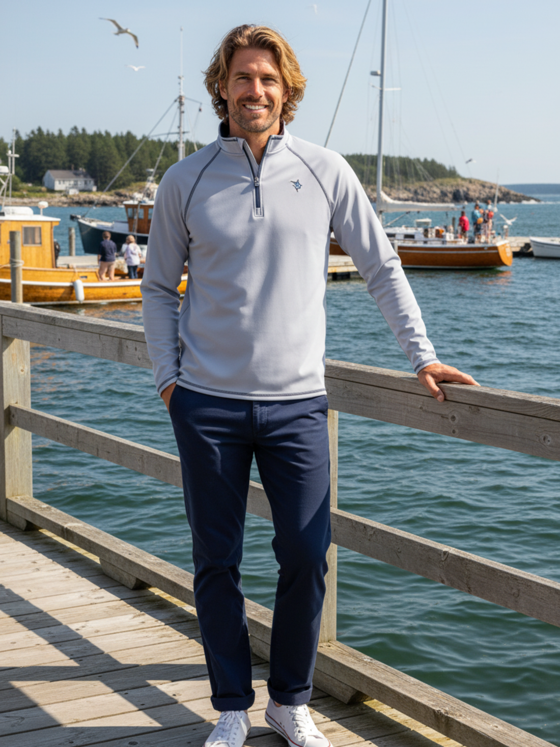 Gray White Water Life Harbor Quarter Zip, effortless comfort, long sleeve quarter zip pullover with a relaxed fit.
