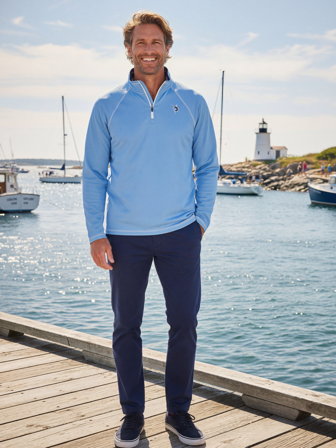 White Water Life New Harbor quarter zip sweatshirt with visible stitching, designed for effortless comfort and casual style.
