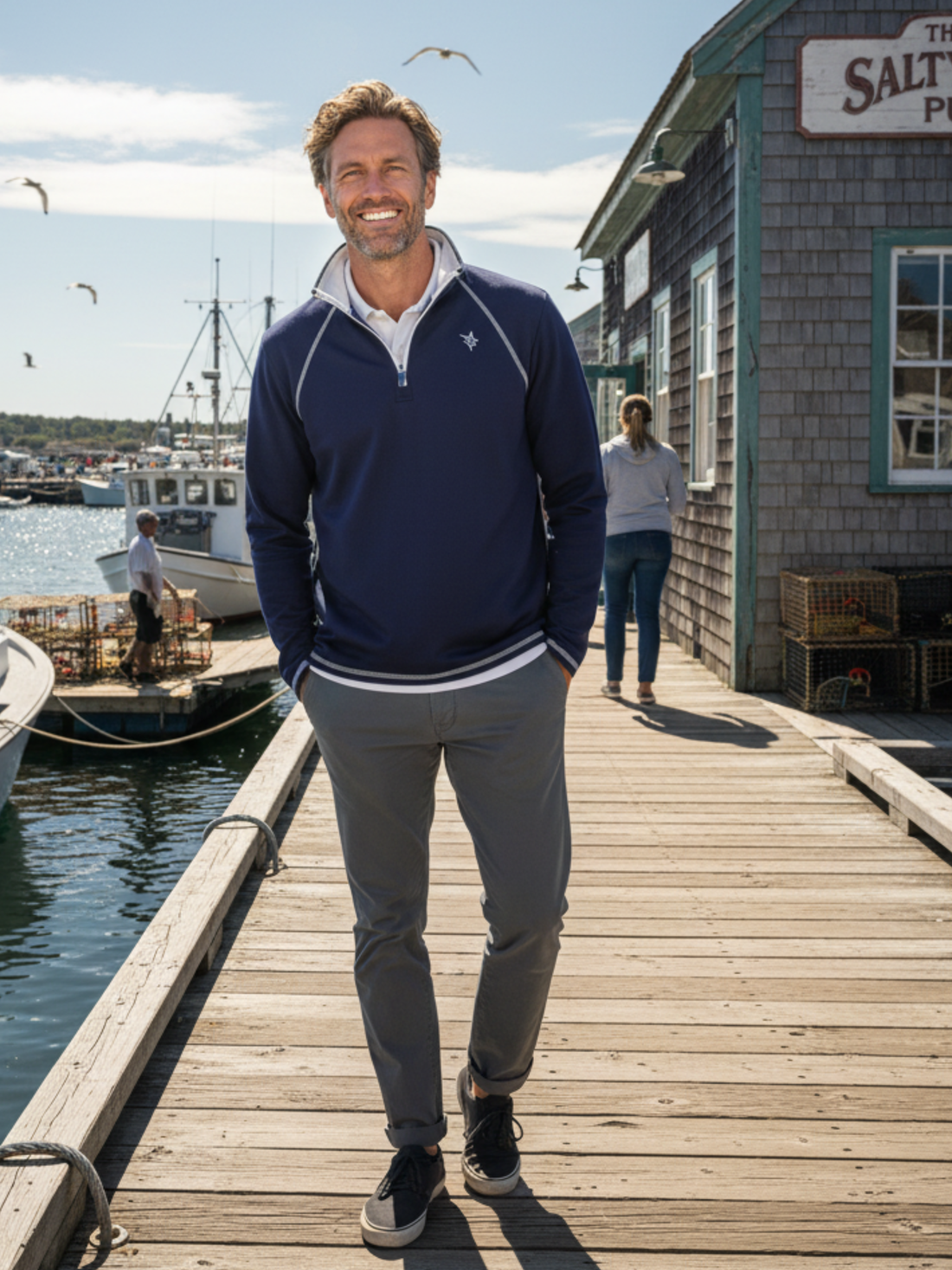 White Water Life navy quarter zip shirt from the New Harbor Quarter Zip Effortless Comfort collection, featuring a relaxed fit and soft fabric.