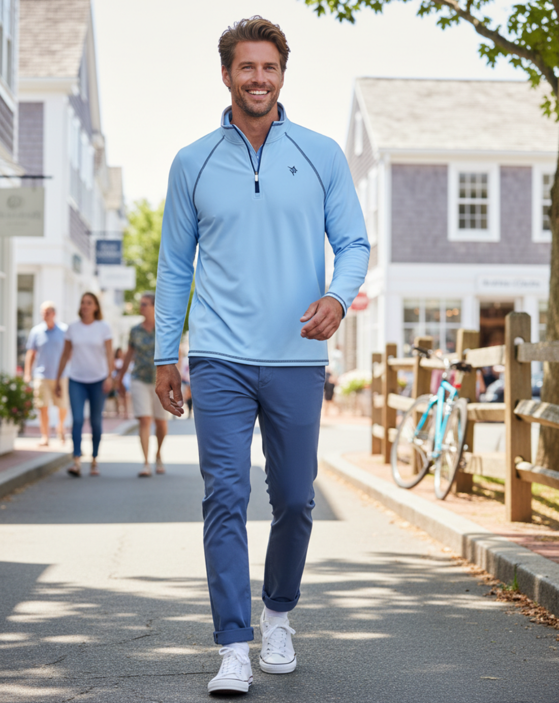 White Water Life new harbor quarter zip in pale blue, lightweight and comfortable shirt with a quarter zip neckline.
