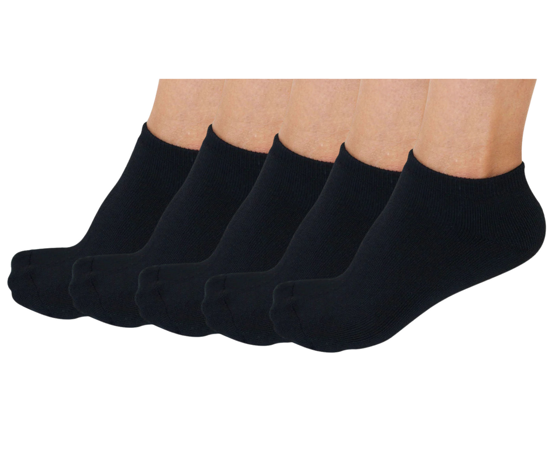 Unisex black bamboo viscose anklet socks from Spun Bamboo, shown in a 5-pack, lying flat on a white background.