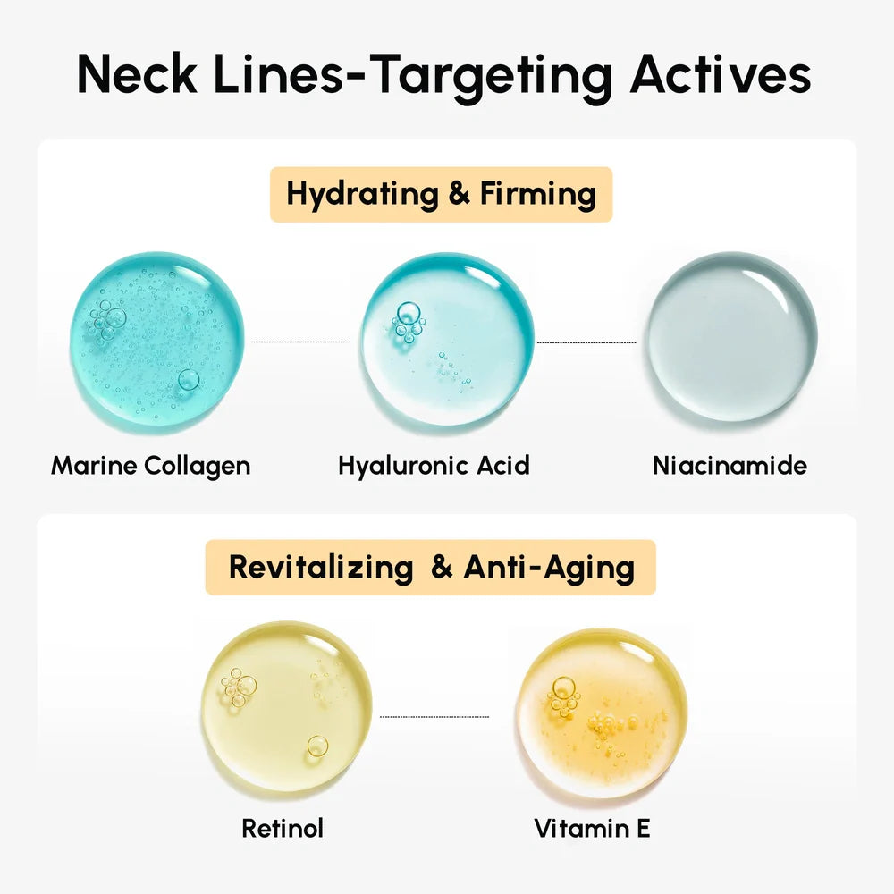 Maree lifting neck wrinkle patches applied to the neck showing smooth, firm skin with transparent adhesive patches.