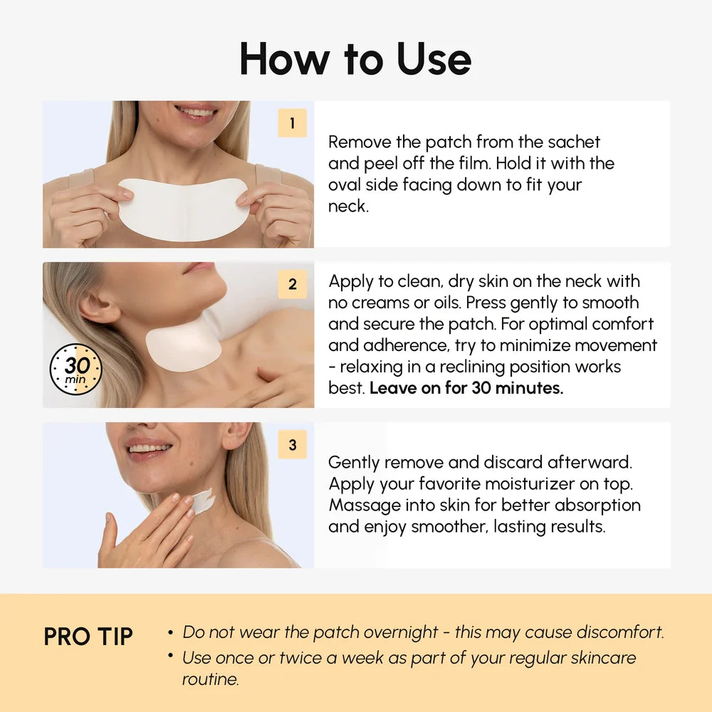 Maree lifting neck wrinkle patches applied to neck skin, designed to reduce fine lines and improve skin firmness.