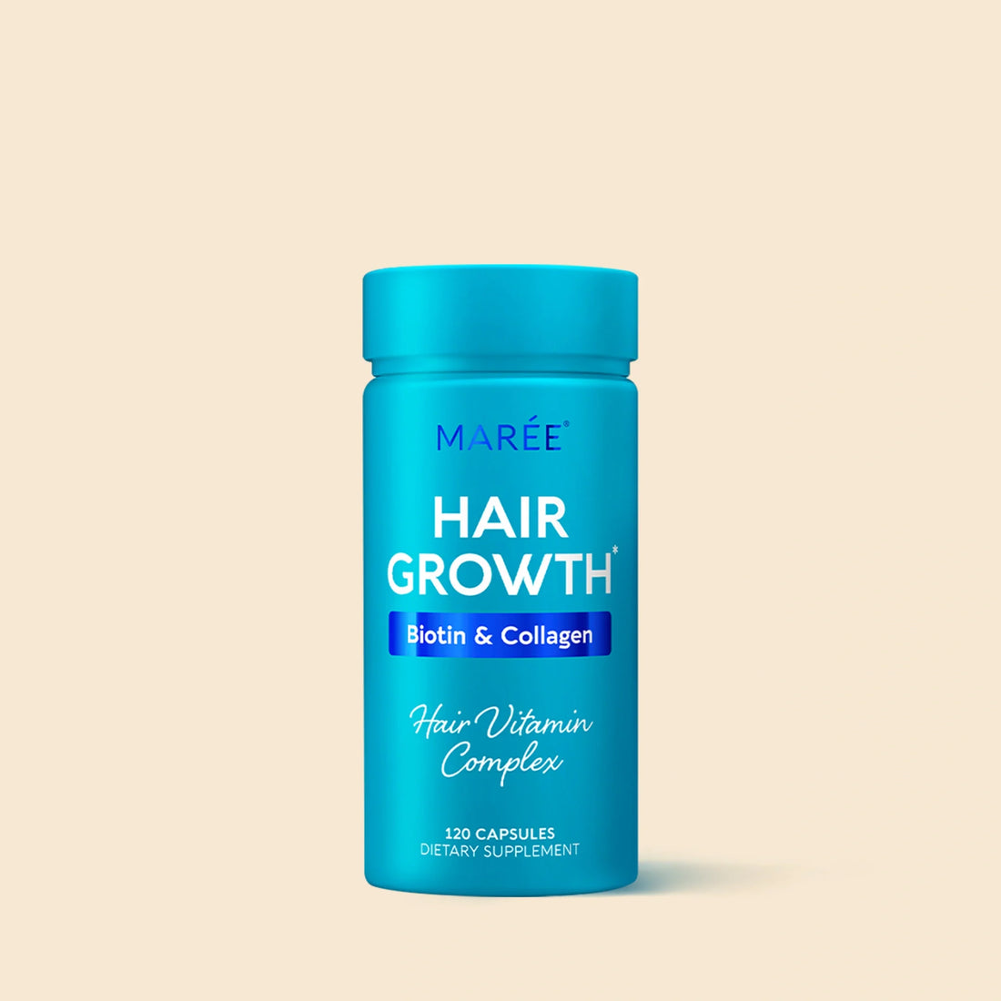 Maree Biotin and Collagen Hair Growth Complex supplement bottle with the label visible on a white background.