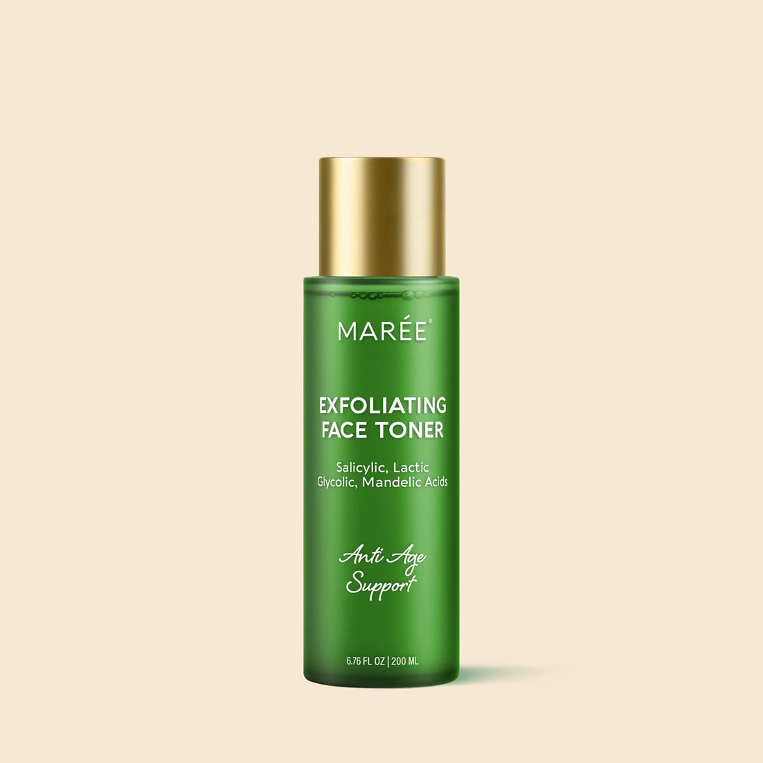 Maree Daily Glow Exfoliating Toner bottle with clear liquid and white cap, designed for skin renewal and brightening.