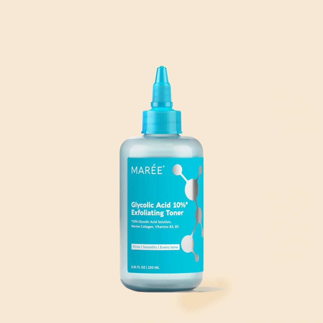 Maree Glow Boost Glycolic Face Toner bottle with clear liquid, designed for exfoliating and brightening skin.