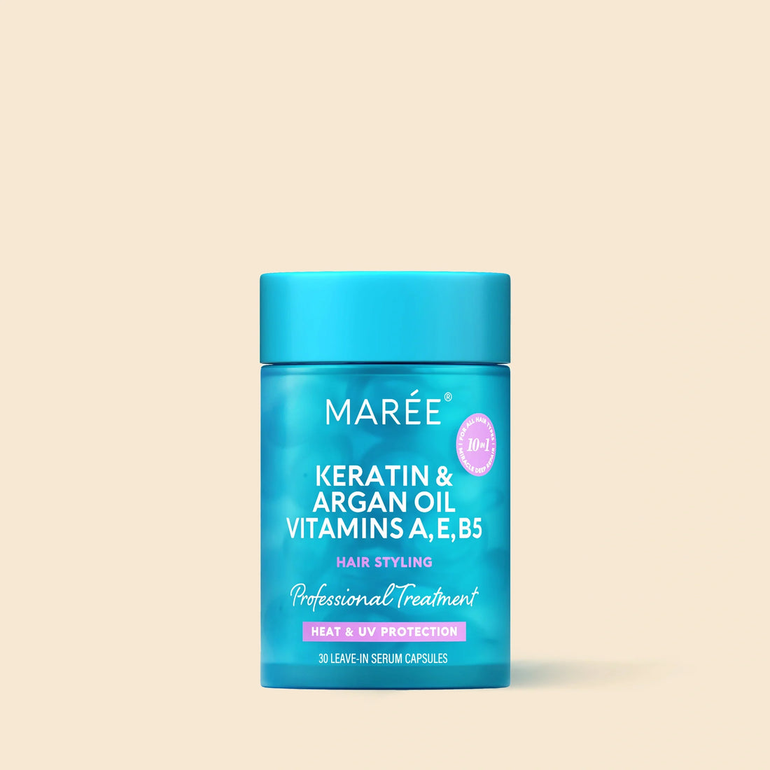 Maree Keratin Oil Capsules for frizz control, showcasing glossy capsules in a natural setting, promoting smooth, manageable hair.