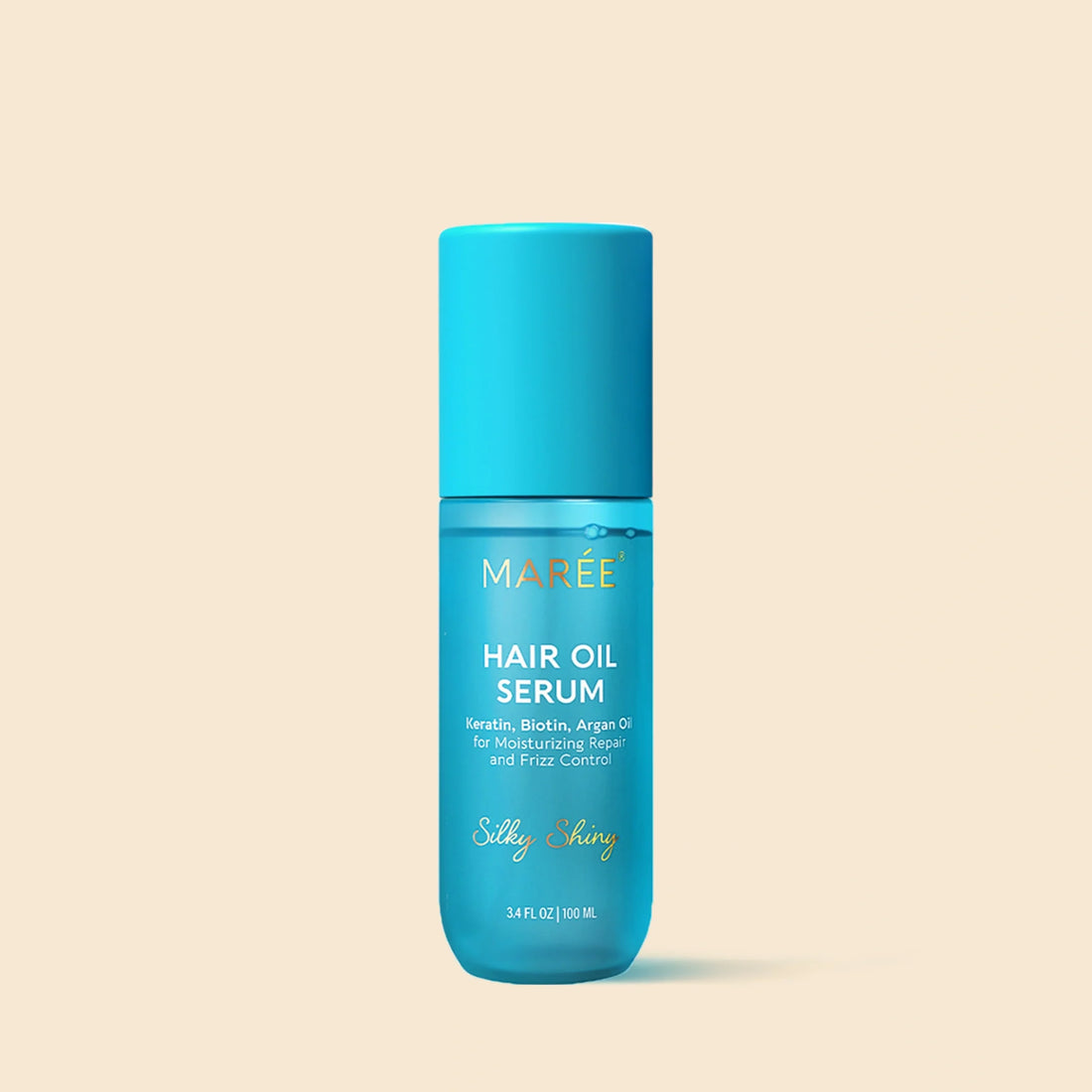 Maree keratin oil serum for smooth, shiny hair, featuring a sleek bottle with a dropper applicator on a white background.
