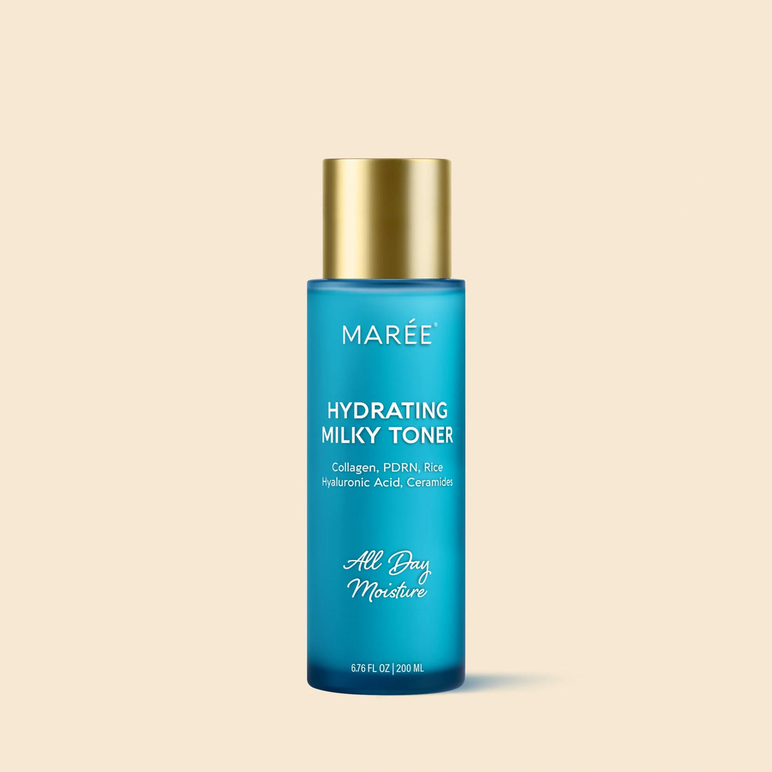 Maree Milky Rice Hydrating Toner bottle with white and gold label, designed for moisturizing skincare.