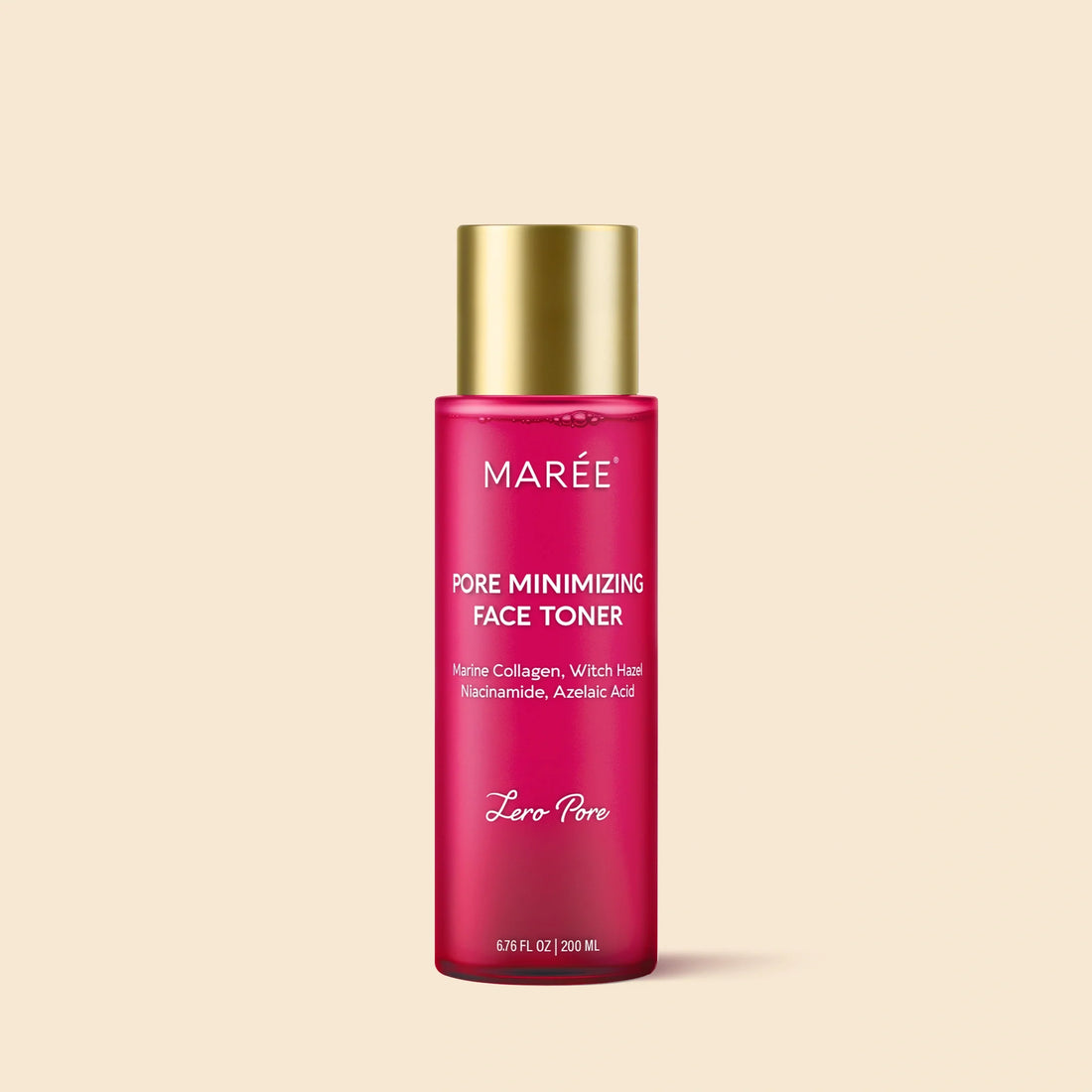 Maree Hydrating Pore Refining Toner in a clear bottle, showing the liquid toner with a minimalist label, designed to minimize pores.