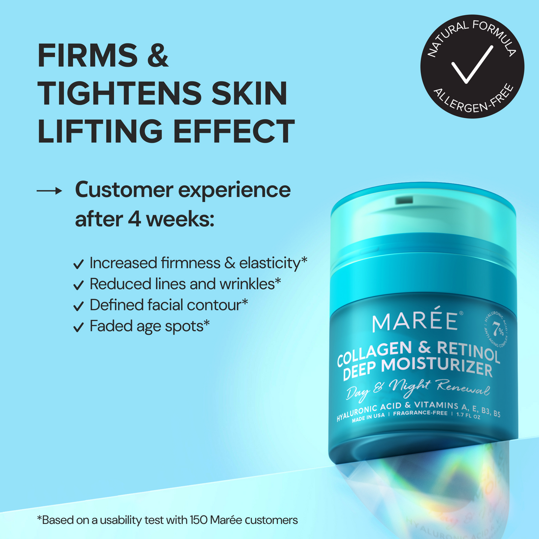 Maree Retinol &amp; Collagen Anti-Age Cream jar showing smooth, creamy texture with a modern label design on a white background.