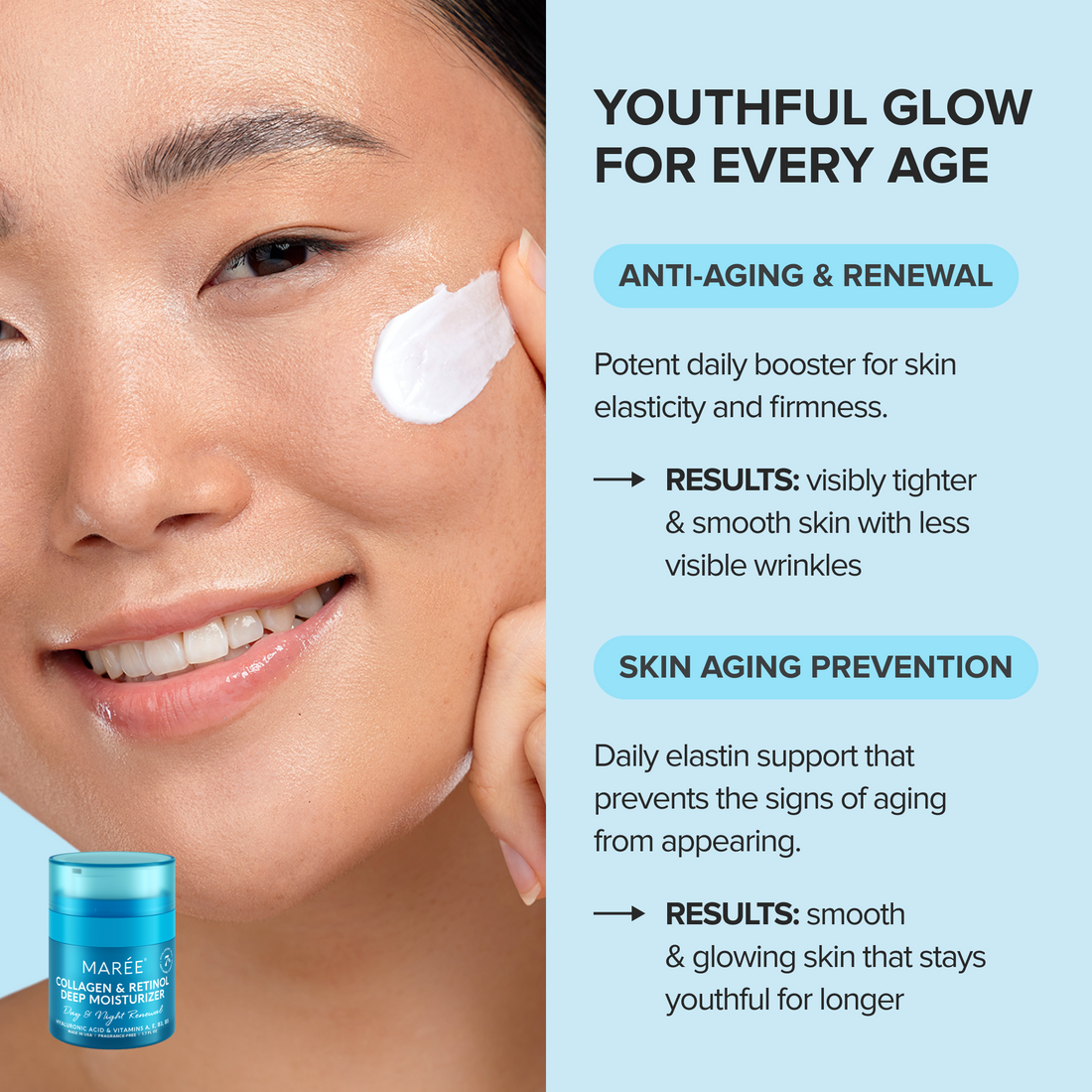 Maree Retinol &amp; Collagen Anti-Age Cream jar with cream visible inside, showcasing a luxurious skincare product for youthful skin.