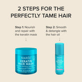 Maree keratin hair mask for damaged hair, showing a jar of nourishing treatment with smooth, shiny hair in the background