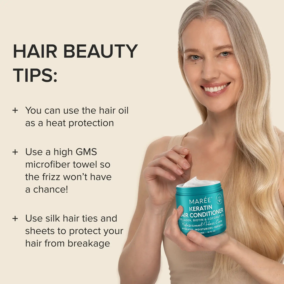 Maree keratin mask for damaged hair, showing smooth, shiny hair with the mask applied in a natural setting.