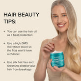 Maree keratin mask for damaged hair, showing smooth, shiny hair with the mask applied in a natural setting.