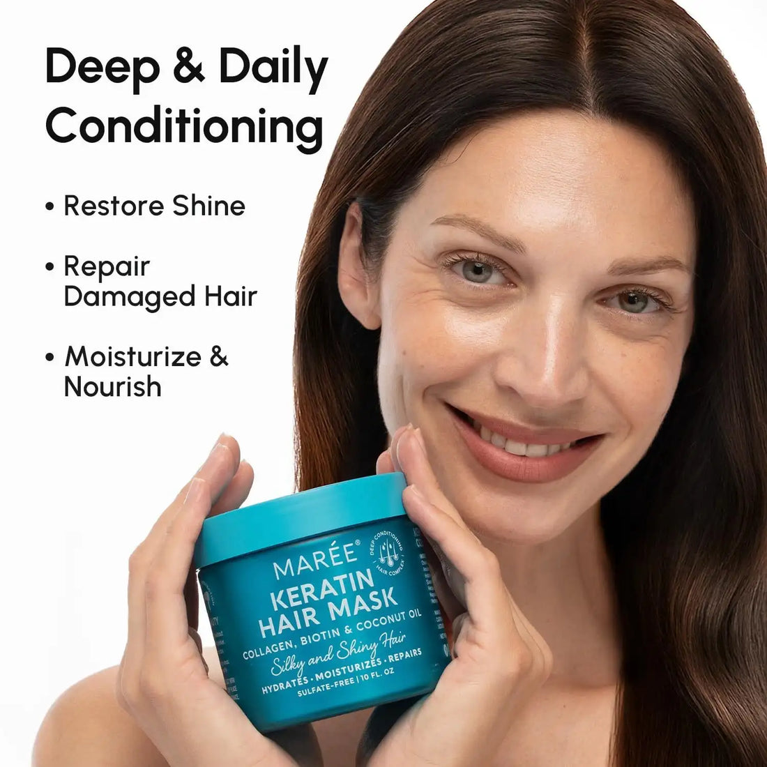 Maree keratin hair mask for damaged hair, in a jar, with creamy texture and natural ingredients visible on the label.