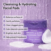 Maree 12% Niacinamide Smooth & Glow Pads shown in a clear container, with textured pads ready for skincare application.