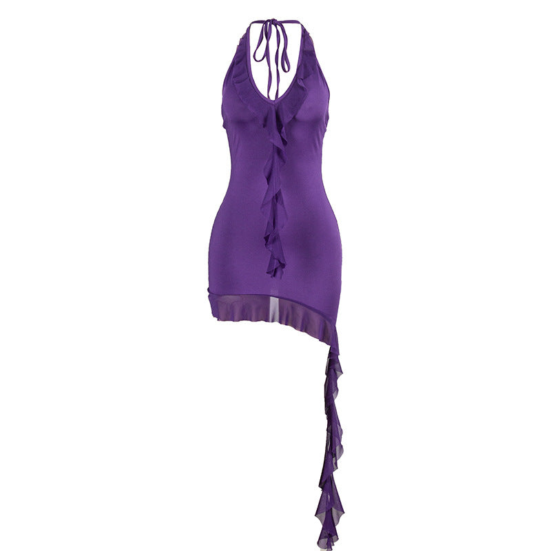 Summer Solid Color Sleeveless Halter Lace Up Wooden Ear Mesh Stitching Women Dress