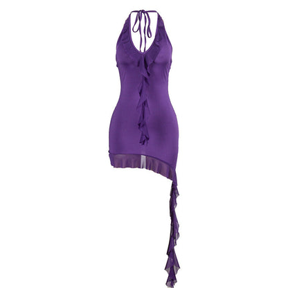 Summer Solid Color Sleeveless Halter Lace Up Wooden Ear Mesh Stitching Women Dress