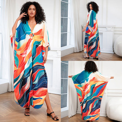 Positioning Print Holiday Loose plus Size Robe Beach Cover up Dress Bikini Cover-up Women&