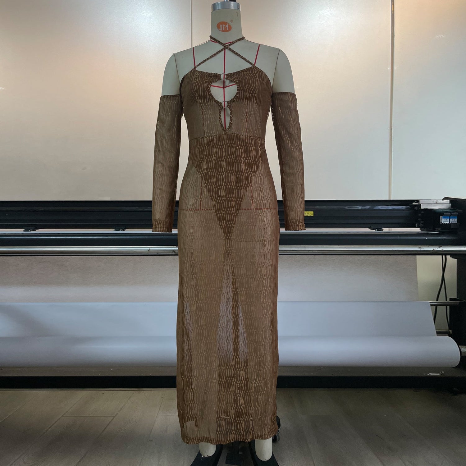 Spring Summer Mesh Halter Dress Women Blouse See through Sexy Cutout Stitching Hip Maxi Dress
