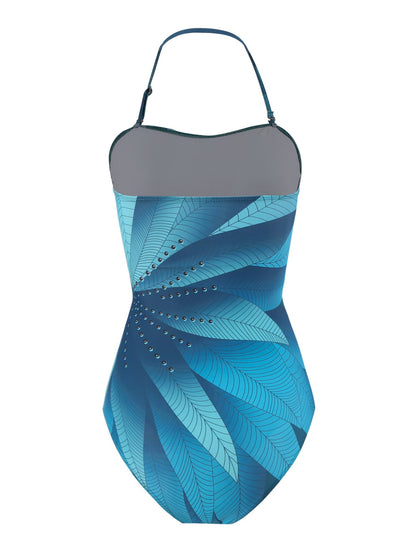 Lonkey French One Piece Two Piece Set Swimsuit Leaf Printed Sheath Dress Conservative Halter Swimsuit Women