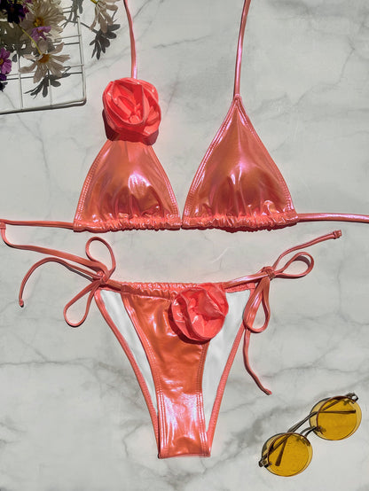 Bronzed Fabric Split Bikini Three Dimensional Floral Sexy Hanging Triangle Bag Swimsuit
