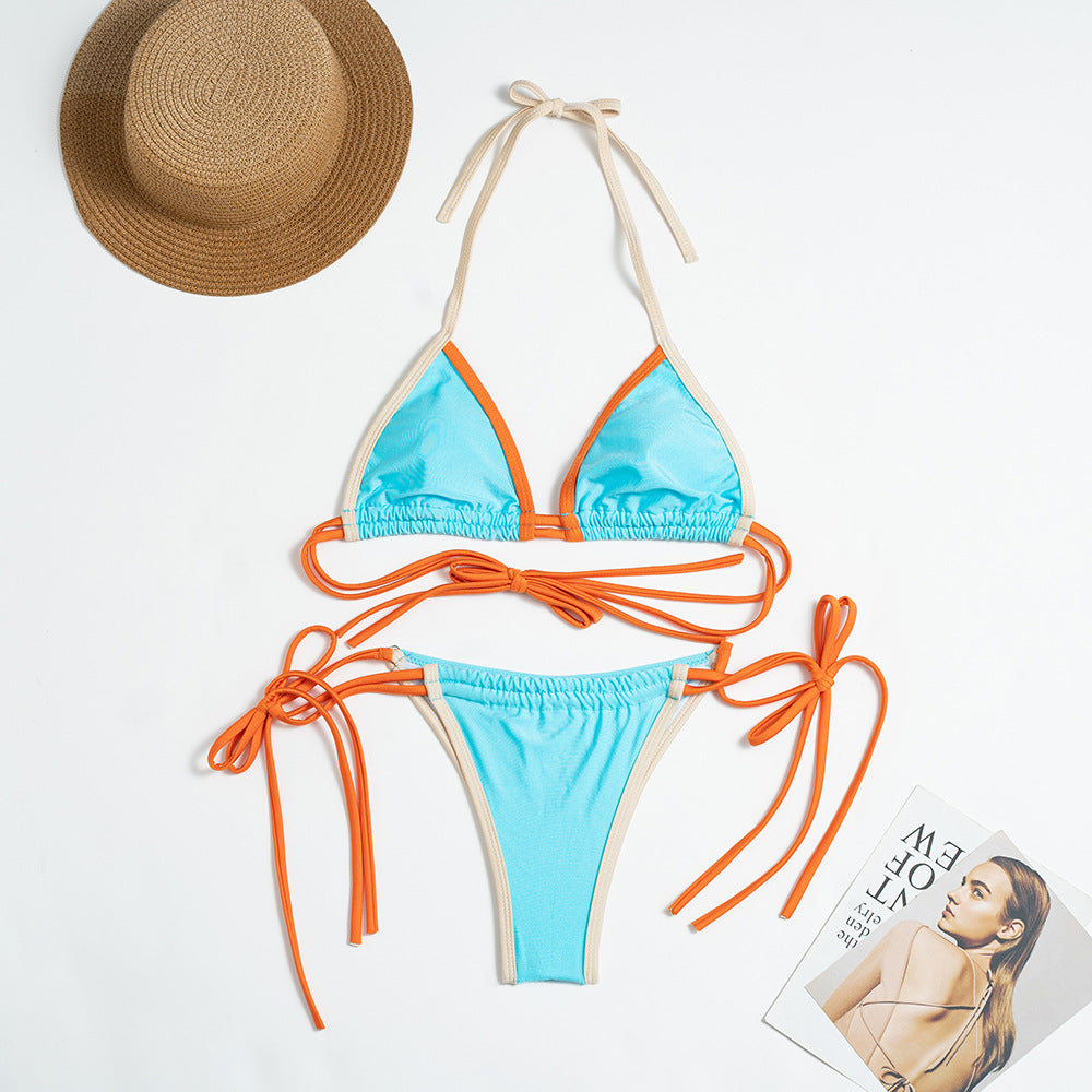 Solid Color Nylon Split Swimsuit Women Sexy Color Block Banded Bikini