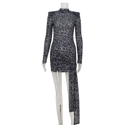 Women Clothing Mesh See through Leopard Print Lace up Waist Tight Sexy Dress