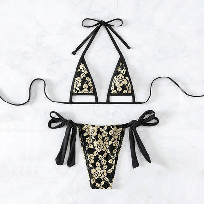 Swimwear Women Lace up Halterneck Split Bikini Three Point Sexy Beach Swimsuit