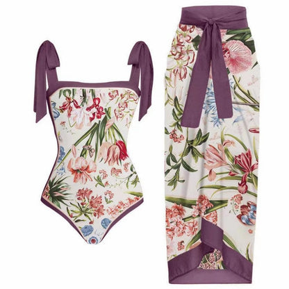 Double Sided Swimsuit Printed Conservative Cover Belly Sheath Dress Two Piece Swimsuit