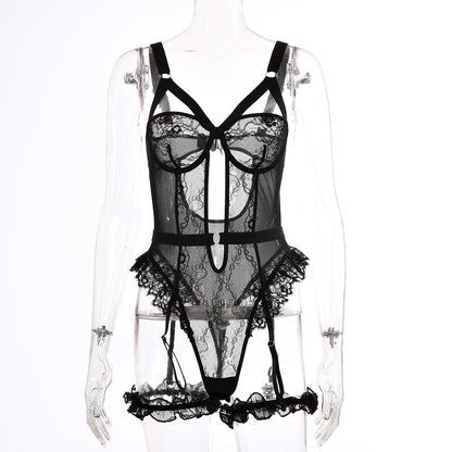 Sexy Lace Lace Cutout See through Sling One Piece Sexy Lingerie Jumpsuit with Leg Ring